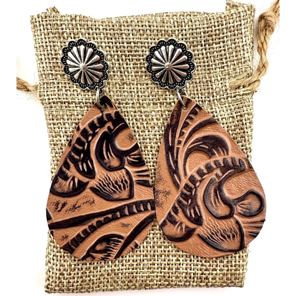 Embossed Tan Vegan Leather Teardrop Earrings on Silver Starburst Studs